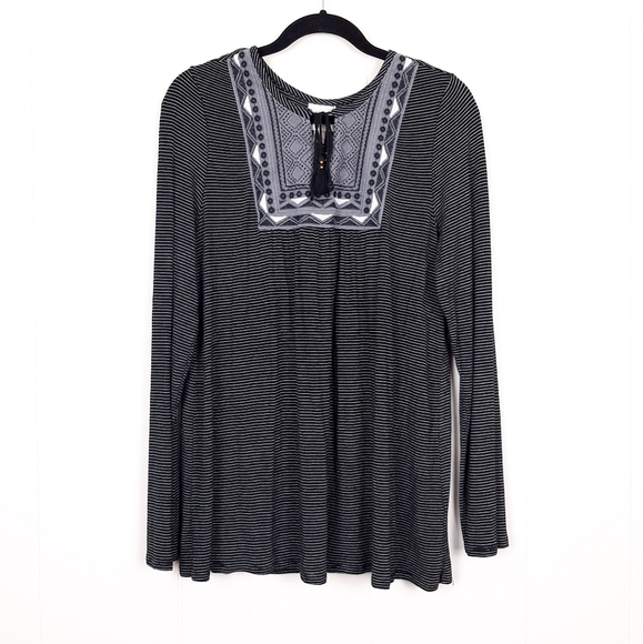 Knox Rose Tops - Knox Rose boho soft stretch jersey knit long sleeve striped tassel top festival